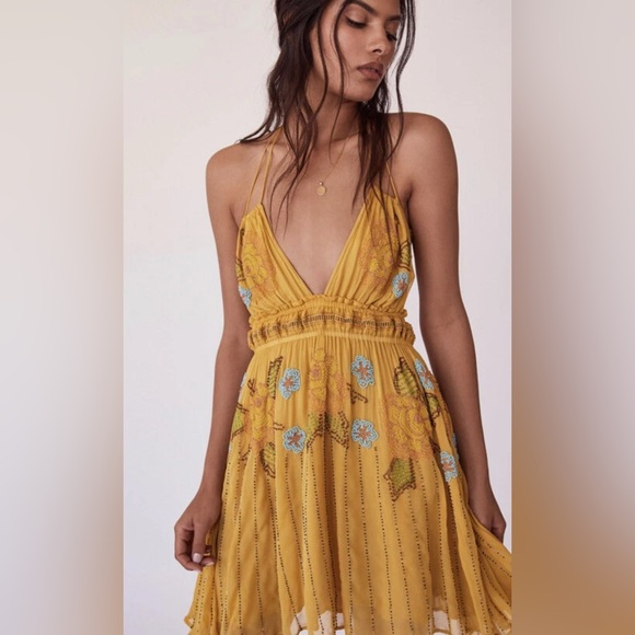 Free people sun bean halter mini dress beaded strappy open back RARE nwt - Picture 1 of 8
